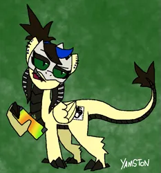 Size: 709x762 | Tagged: safe, artist:yamston, derpibooru import, oc, oc:shayla beltosh, unofficial characters only, hybrid, pony, 2022, brown mane, cocky, ear piercing, faceplate, glasses, green background, green eyes, grin, highlights, hybrid oc, image, living the dream, piercing, png, ponytail, simple background, smiling, solo, telija, wings, yellow coat