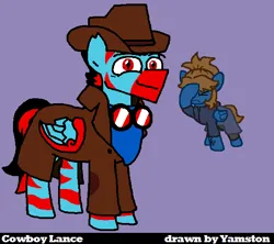 Size: 589x524 | Tagged: safe, artist:yamston, derpibooru import, oc, oc:lance greenfield, oc:scamp, pegasus, pony, zebra, zebrasus, 2022, black mane, blue coat, brown mane, cowboy hat, duo, female, goggles, hat, image, living the dream, male, mare, png, purple eyes, red eyes, simple background, slit pupils, stallion, zebra oc