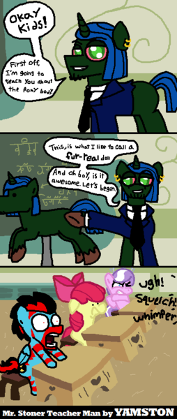 Size: 400x944 | Tagged: suggestive, artist:yamston, derpibooru import, apple bloom, diamond tiara, oc, oc:greg campbell, oc:lance greenfield, earth pony, pegasus, pony, unicorn, zebra, 2022, blank face, clothes, comic, desk, dialogue, disgusted, ear piercing, female, filly, foal, image, living the dream, male, noise, piercing, png, poker face, school, shocked, shocked expression, speech bubble, stallion, stoner, suit, text, wtf, zebra oc