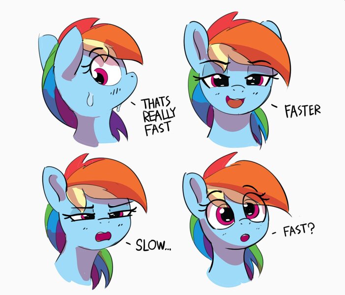 Size: 1692x1447 | Tagged: safe, artist:pabbley, derpibooru import, rainbow dash, pegasus, pony, bust, dialogue, expressions, eye clipping through hair, eyebrows, eyebrows visible through hair, female, image, jpeg, lidded eyes, mare, narrowed eyes, open mouth, open smile, simple background, smiling, solo, sweat, sweatdrop, white background