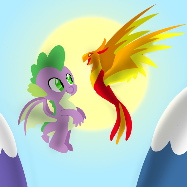 Size: 1400x1400 | Tagged: safe, artist:mlplary6, derpibooru import, peewee, spike, dragon, phoenix, animal, duo, flying, friends, image, looking at each other, looking at someone, male, mountain, png, sky, smiling, smiling at each other, sun, winged spike, wings