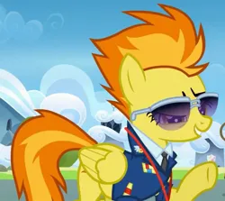 Size: 1343x1200 | Tagged: safe, derpibooru import, screencap, spitfire, pegasus, pony, wonderbolts academy, bedroom eyes, bush, captain of the wonderbolts, clothes, cloud, cropped, drill sergeant, female, image, jpeg, mare, necktie, solo, suit, sunglasses, uniform, wonderbolts dress uniform