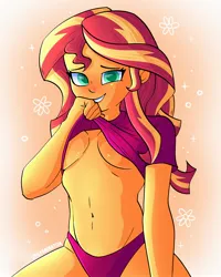 Size: 2000x2500 | Tagged: suggestive, artist:edgyanimator, derpibooru import, sunset shimmer, human, equestria girls, abstract background, adorasexy, belly, belly button, blushing, breasts, busty sunset shimmer, cel shading, clothes, colored, colored pupils, cute, derpibooru exclusive, digital art, equestria girls 10th anniversary, exposed belly, eyelashes, female, firealpaca, flower, flustered, green eyes, grin, hair, half body, hand, highlights, image, jpeg, looking at you, nervous, nervous grin, nudity, orange background, panties, partial nudity, reasonably sized breasts, red hair, sexy, shading, shimmerbetes, shirt, signature, simple background, smiling, smiling at you, smirk, solo, solo female, sparkles, stupid sexy sunset shimmer, teeth, underboob, underwear, yellow skin