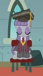 Size: 426x743 | Tagged: safe, derpibooru import, screencap, maud pie, earth pony, pony, rock solid friendship, chair, clothes, college, eyes closed, female, graduation, graduation cap, hat, image, jpeg, mare, necktie, robe, rocktorate, sat down, solo, stage