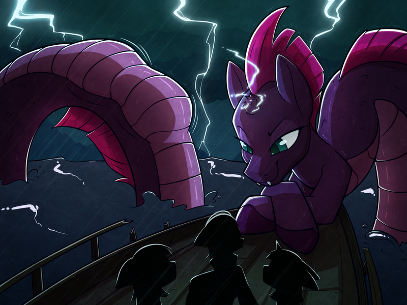 Size: 1280x960 | Tagged: questionable, artist:change, artist:suspega, derpibooru import, tempest shadow, lamia, original species, pony, sea serpent, unicorn, broken horn, crossed hooves, electricity, emanata, female, female pred, horn, image, kitchen eyes, lightning, looking at someone, ocean, png, rain, ship, silhouette, sinking, smiling, solo focus, species swap, storm, tail, tail bulge, thunderstorm, vore, water, wet