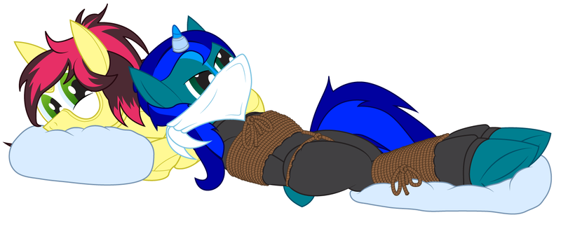 Size: 1518x621 | Tagged: suggestive, artist:billy2345, derpibooru import, oc, oc:amberlue, oc:siren, pegasus, pony, unicorn, bondage, bound, bound and gagged, cloth gag, duo, female, gag, horn, horn ring, image, jewelry, mare, pillow, png, ring, rope