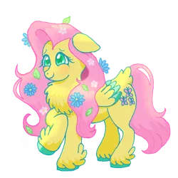 Size: 1000x1000 | Tagged: safe, artist:carabarabonanza, derpibooru import, fluttershy, pegasus, pony, blushing, chest fluff, cute, female, floppy ears, flower, flower in hair, image, mare, png, shyabetes, simple background, smiling, solo, transparent background, unshorn fetlocks, wingding eyes