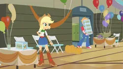 Size: 1920x1080 | Tagged: safe, derpibooru import, screencap, applejack, big macintosh, human, equestria girls, equestria girls (movie), apple cider, balloon, boots, clothes, cornucopia, cowboy boots, cowboy hat, duo, eeyup, fall formal, hand on hip, hat, image, png, pumpkin, shoes