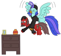 Size: 2396x2213 | Tagged: safe, artist:supahdonarudo, derpibooru import, oc, oc:ironyoshi, oc:sea lilly, unofficial characters only, classical hippogriff, hippogriff, pony, unicorn, beanie, clothes, drawer, flying, hat, holding, holding a pony, image, picture frame, png, simple background, struggling, sweater, transparent background, vase