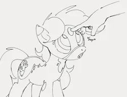 Size: 995x760 | Tagged: safe, artist:dotkwa, derpibooru import, oc, oc:deary dots, unofficial characters only, earth pony, human, pony, boop, disembodied hand, female, forehead boop, gray background, grayscale, hand, image, mare, monochrome, png, simple background, solo focus