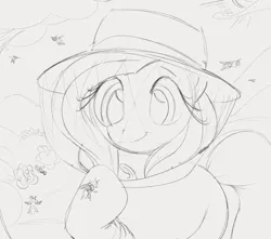 Size: 1228x1087 | Tagged: safe, artist:dotkwa, derpibooru import, fluttershy, bee, insect, pegasus, pony, beekeeper, female, gray background, grayscale, image, mare, monochrome, png, simple background, sketch, smiling, solo