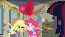 Size: 1200x675 | Tagged: safe, derpibooru import, applejack, pinkie pie, twilight sparkle, equestria girls, equestria girls (movie), animated, balloon, boots, clothes, cowboy hat, fall formal, gif, hat, image, jumping, shoes