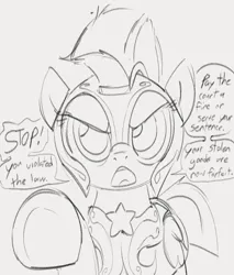 Size: 929x1090 | Tagged: safe, artist:dotkwa, derpibooru import, pegasus, pony, angry, armor, dialogue, female, gray background, grayscale, guard armor, guardsmare, image, mare, meme, monochrome, oblivion, open mouth, png, pointing at you, royal guard, scowl, simple background, sketch, solo, speech bubble, stop right there criminal scum, the elder scrolls, underhoof