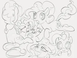 Size: 1568x1181 | Tagged: safe, artist:dotkwa, derpibooru import, pinkie pie, earth pony, pony, balloonbutt, blushing, bust, butt, female, floppy ears, gray background, grayscale, image, looking at you, mare, monochrome, open mouth, plot, png, simple background, sitting, sketch, sketch dump, smiling, smiling at you, solo