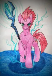 Size: 3720x5367 | Tagged: safe, artist:mintytreble, derpibooru import, storm king, tempest shadow, pony, unicorn, my little pony: the movie, atg 2023, image, jpeg, lightning, newbie artist training grounds, simple background, thunder, traditional art