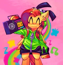 Size: 1443x1500 | Tagged: safe, artist:sidruni, derpibooru import, fluttershy, pegasus, semi-anthro, antonymph, boombox, clothes, eyes closed, fluttgirshy, gir, happy, hoodie, image, jpeg, smiling, solo