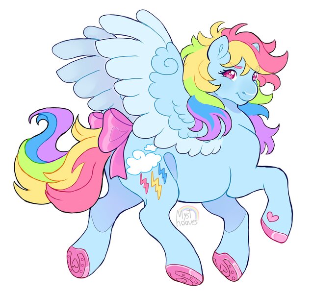 Size: 3524x3326 | Tagged: safe, artist:mysthooves, derpibooru import, rainbow dash, pegasus, pony, g1, bow, eyebrows, eyebrows visible through hair, female, g4, g4 to g1, generation leap, image, jpeg, looking at you, looking back, looking back at you, mare, simple background, smiling, smiling at you, solo, spread wings, tail, tail bow, underhoof, white background, wings