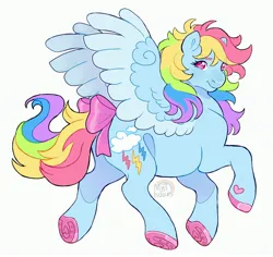 Size: 3524x3326 | Tagged: safe, artist:mysthooves, derpibooru import, rainbow dash, pegasus, pony, g1, bow, eyebrows, eyebrows visible through hair, female, g4, g4 to g1, generation leap, image, jpeg, looking at you, looking back, looking back at you, mare, simple background, smiling, smiling at you, solo, spread wings, tail, tail bow, underhoof, white background, wings