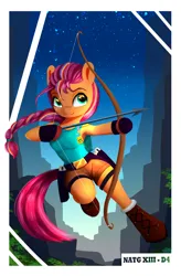 Size: 1253x1913 | Tagged: safe, artist:darksly, derpibooru import, sunny starscout, pony, semi-anthro, g5, arrow, atg 2023, bow (weapon), clothes, crossover, female, image, jpeg, lara croft, mare, newbie artist training grounds, shorts, solo, video game crossover