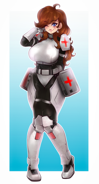 Size: 3775x7000 | Tagged: safe, artist:idatoygar, derpibooru import, oc, oc:dusty heartwood, unofficial characters only, earth pony, human, fallout equestria, adorasexy, armor, big breasts, blue eyes, breasts, brown mane, cute, doctor, facial scar, fallout equestria oc, humanized, humanized oc, image, medic, pigeon toed, png, red cross, scar, sexy, solo