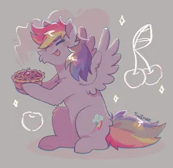 Size: 2381x2303 | Tagged: safe, artist:twinkesss, derpibooru import, rainbow dash, pegasus, pony, cheek fluff, cherry, eyes closed, female, food, high res, hoof hold, image, mare, pie, png, sitting, solo, spread wings, tongue out, wings