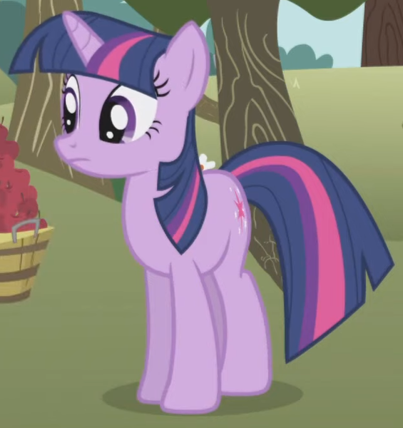 Size: 622x660 | Tagged: safe, derpibooru import, screencap, twilight sparkle, pony, unicorn, applebuck season, season 1, apple, apple basket, apple tree, basket, cropped, female, food, frown, grass, image, looking at someone, mare, png, sweet apple acres, tree, unicorn twilight