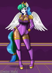 Size: 1624x2269 | Tagged: suggestive, artist:creatorworld, derpibooru import, idw, princess celestia, alicorn, anthro, plantigrade anthro, reflections, spoiler:comic, alternate hairstyle, bodysuit, boob window, breasts, busty princess celestia, cleavage, clothes, corrupted, cuffs, evil celestia, evil counterpart, eyeshadow, featureless crotch, female, fetish, hand on hip, high heels, image, implied king sombra, indoors, latex, latex fetish, latex suit, lipstick, looking at you, makeup, mirror universe, png, pose, purple eyeshadow, purple lipstick, queen celestia, rubber, rubber suit, see-through, shiny, shoes, shoulder pads, solo, solo female, tail, tied tail, wide hips