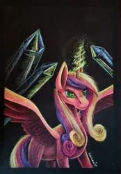 Size: 1107x1595 | Tagged: safe, artist:cahandariella, derpibooru import, princess cadance, queen chrysalis, alicorn, changeling, changeling queen, black background, colored pencil drawing, crystal, fake cadance, female, image, jpeg, looking at someone, magic, newbie artist training grounds, simple background, solo, spread wings, traditional art, wings
