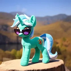 Size: 768x768 | Tagged: safe, derpibooru import, machine learning generated, stable diffusion, lyra heartstrings, pony, unicorn, ai content, day, female, full body, generator:purplesmart.ai, image, irl, mare, outdoors, photo, plushie, png, prompter:nightluna, solo, standing, sunglasses, wrong cutie mark