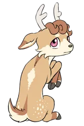 Size: 723x1092 | Tagged: safe, artist:multiverseequine, derpibooru import, oc, oc:hebe, unofficial characters only, deer, pony, antlers, cheek fluff, colored eartips, cute, daybreak island, deer oc, derpibooru exclusive, floppy ears, freckles, full body, hip freckles, image, looking at you, male, non-pony oc, png, raised hoof, rear view, simple background, sitting, solo, swirly mane, tail, transparent background