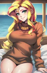 Size: 864x1339 | Tagged: safe, derpibooru import, editor:sammykun, machine learning generated, sunset shimmer, human, equestria girls, ai content, beautiful, bed, bed sheets, big breasts, breasts, busty sunset shimmer, clothes, female, humanized, image, jpeg, lips, long hair, looking at you, no pants, ocean, on bed, oversized clothes, prompter:sammykun, smiling, smiling at you, solo, stupid sexy sunset shimmer, sweater, teeth, thighs, water, window