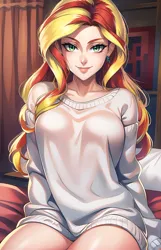 Size: 864x1339 | Tagged: safe, derpibooru import, editor:sammykun, machine learning generated, sunset shimmer, human, equestria girls, ai content, beautiful, bed, bed sheets, bedroom eyes, big breasts, breasts, busty sunset shimmer, clothes, female, humanized, image, jpeg, lips, long hair, looking at you, no pants, on bed, oversized clothes, prompter:sammykun, smiling, smiling at you, solo, stupid sexy sunset shimmer, sweater, teeth, thighs, window