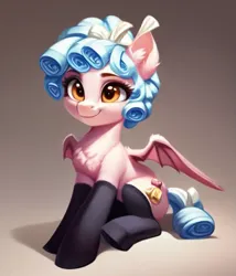 Size: 611x713 | Tagged: safe, derpibooru import, machine learning generated, stable diffusion, cozy glow, bat pony, pony, ai content, bat wings, chest fluff, clothes, ear fluff, eyebrows, eyelashes, female, generator:purplesmart.ai, image, png, prompter:nightluna, simple background, sitting, smiling, socks, solo, spread wings, wings, wrong cutie mark