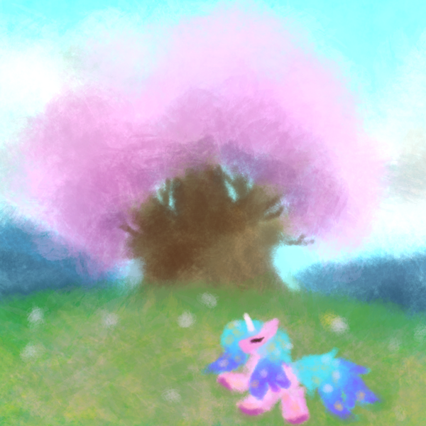 Size: 1000x1000 | Tagged: safe, artist:artevi, derpibooru import, izzy moonbow, pony, unicorn, g5, atg 2023, cloud, eyes closed, female, grass, image, lying down, nature, newbie artist training grounds, png, prone, solo, tree