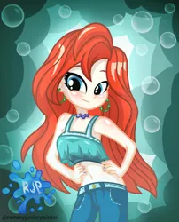 Size: 2015x2490 | Tagged: safe, artist:rjp.rammy, derpibooru import, human, equestria girls, bare shoulders, belly button, bubble, chelsea, chelsea the mermaid, clothes, crossover, ear piercing, earring, equestria girls style, equestria girls-ified, hand on hip, image, jewelry, looking at you, necklace, pants, piercing, png, ruby gillman: teenage kraken, smiling, smiling at you, solo, tanktop