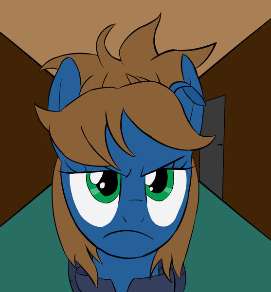 Size: 1024x1104 | Tagged: safe, artist:scratchag, derpibooru import, oc, oc:scamp, pegasus, pony, fanfic:living the dream, annoyed, blue coat, brown mane, fanfic art, female, frown, green eyes, hallway, image, jpeg, mare, solo, torn ear