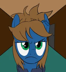 Size: 1024x1104 | Tagged: safe, artist:scratchag, derpibooru import, oc, oc:scamp, pegasus, pony, fanfic:living the dream, annoyed, blue coat, brown mane, fanfic art, female, frown, green eyes, hallway, image, jpeg, mare, solo, torn ear