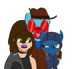 Size: 2522x2342 | Tagged: safe, artist:scratchag, derpibooru import, oc, oc:bronwyn pendragon, oc:lance greenfield, oc:scamp, human, pegasus, pony, zebra, choker, clothes, cowboy hat, female, glare, goggles, green eyes, group photo, hat, hood, image, lipstick, male, mare, oblivious, png, ponytail, red stripes, simple background, smiling, stallion, transparent background, trio, zebra oc