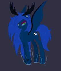 Size: 3000x3500 | Tagged: safe, artist:scratchag, derpibooru import, oc, oc:scayla, unofficial characters only, alicorn, pony, fanfic:living the dream, 2022, antlers, blue mane, blue sclera, cutie mark, ear piercing, ethereal mane, fanfic art, fusion, green eyes, image, lip piercing, looking at you, nose piercing, piercing, png, simple background, solo, spread wings, starry mane, tattoo, wings