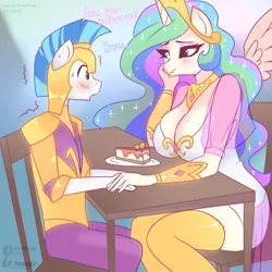 Size: 4000x4000 | Tagged: suggestive, artist:xjenn9, derpibooru import, princess celestia, alicorn, anthro, earth pony, big breasts, blushing, breasts, cleavage, clothes, date, female, flirting, food, guardlestia, holding hands, image, male, nervous, nervous sweat, pie, png, royal guard, see-through, shipping, skindentation, smiling, socks, straight, thigh highs