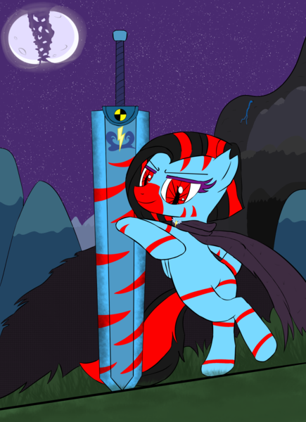 Size: 1404x1936 | Tagged: safe, artist:scratchag, derpibooru import, oc, oc:lacy greenfield, pegasus, pony, zebra, fanfic:living the dream, cape, clothes, fanfic art, female, grass, image, mare, moon, mountain, night, png, red eyes, red stripes, solo, standing on two hooves, starry night, stars, stripes, sword, tail, torn ear, two toned mane, weapon, zebra oc