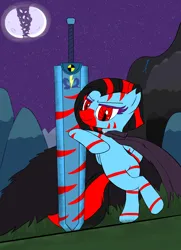 Size: 1404x1936 | Tagged: safe, artist:scratchag, derpibooru import, oc, oc:lacy greenfield, pegasus, pony, zebra, fanfic:living the dream, cape, clothes, fanfic art, female, grass, image, mare, moon, mountain, night, png, red eyes, red stripes, solo, standing on two hooves, starry night, stars, stripes, sword, tail, torn ear, two toned mane, weapon, zebra oc