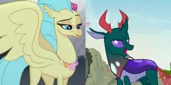 Size: 1180x592 | Tagged: safe, derpibooru import, edit, edited screencap, screencap, pharynx, princess skystar, changedling, changeling, classical hippogriff, hippogriff, my little pony: the movie, to change a changeling, :o, crack shipping, cropped, cute, derp, eyelashes, female, flower, flower in hair, image, jewelry, lidded eyes, male, necklace, open mouth, png, prince pharynx, shipping, shipping domino, skyabetes, skynx, spread wings, straight, wings