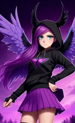 Size: 960x1568 | Tagged: safe, derpibooru import, editor:shadowdream, machine learning generated, fluttershy, human, equestria girls, ai content, beautiful, clothes, female, hood, hoodie, humanized, image, jpeg, long hair, looking at you, outdoors, serious, skirt, sky, solo, wings