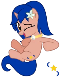 Size: 1480x1920 | Tagged: safe, artist:melisareb, derpibooru import, part of a set, oc, oc:luz, ponified, unofficial characters only, pony, unicorn, .svg available, collar, cutie mark, derpibooru exclusive, female, flower, flower in hair, image, mare, moon, nation ponies, one eye closed, open mouth, philippines, png, simple background, solo, stars, transparent background, vector, wink