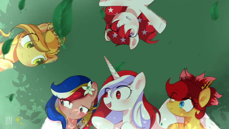 Size: 2147x1216 | Tagged: safe, artist:diniarvegafinahar, derpibooru import, oc, oc:indonisty, oc:kwankao, oc:pearl shine, oc:rosa blossomheart, oc:sinar bulan indonesia, oc:temmy, ponified, unofficial characters only, alicorn, earth pony, pegasus, pony, female, females only, flower, flower in hair, grass, image, indonesia, malaysia, mare, nation ponies, philippines, png, singapore, stars, thailand