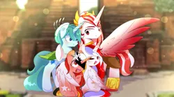 Size: 1524x855 | Tagged: safe, artist:diniarvegafinahar, derpibooru import, oc, oc:indonisty, ponified, unofficial characters only, pony, unicorn, colored wings, east timor, father and child, father and daughter, female, gradient wings, group hug, hug, image, indonesia, majapahit empire, male, mare, mother and child, mother and daughter, multicolored wings, nation ponies, open mouth, png, siblings, sisters, sitting, stallion, stars, timor-leste, wings