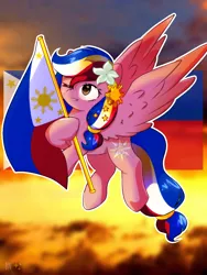 Size: 768x1024 | Tagged: safe, artist:diniarvegafinahar, derpibooru import, oc, oc:pearl shine, ponified, unofficial characters only, pegasus, pony, female, flag, flower, flower in hair, flying, image, mare, nation ponies, one eye closed, philippines, png, sky, solo, stars, sunset, wings