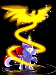 Size: 720x960 | Tagged: safe, artist:diniarvegafinahar, derpibooru import, oc, oc:indonisty, ponified, alicorn, phoenix, pony, black background, duo, female, fire, glow, image, indonesia, magic, magic aura, mare, nation ponies, open mouth, png, raised hoof, simple background
