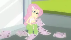 Size: 1280x720 | Tagged: safe, derpibooru import, screencap, fluttershy, equestria girls, equestria girls (movie), boots, clothes, flyers, image, png, sad face, shoes, sitting